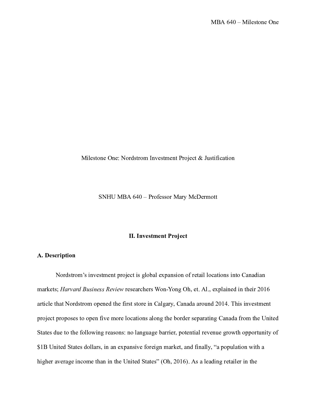 Preview image for MBA 640  Milestone One|    Milestone One: Nordstrom Investment Project & Justification